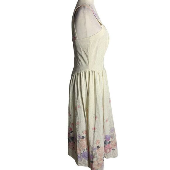Vintage 80s Floral Stripe Swing Dress S White Sleeveless Boning Cottage Core - Picture 4 of 8